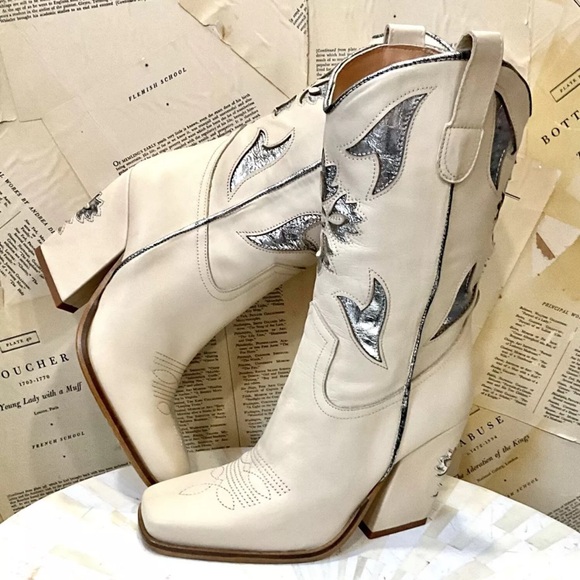 Free People Sparks Fly Cowboy Boot Ivory Leather Silver Inlay Trim